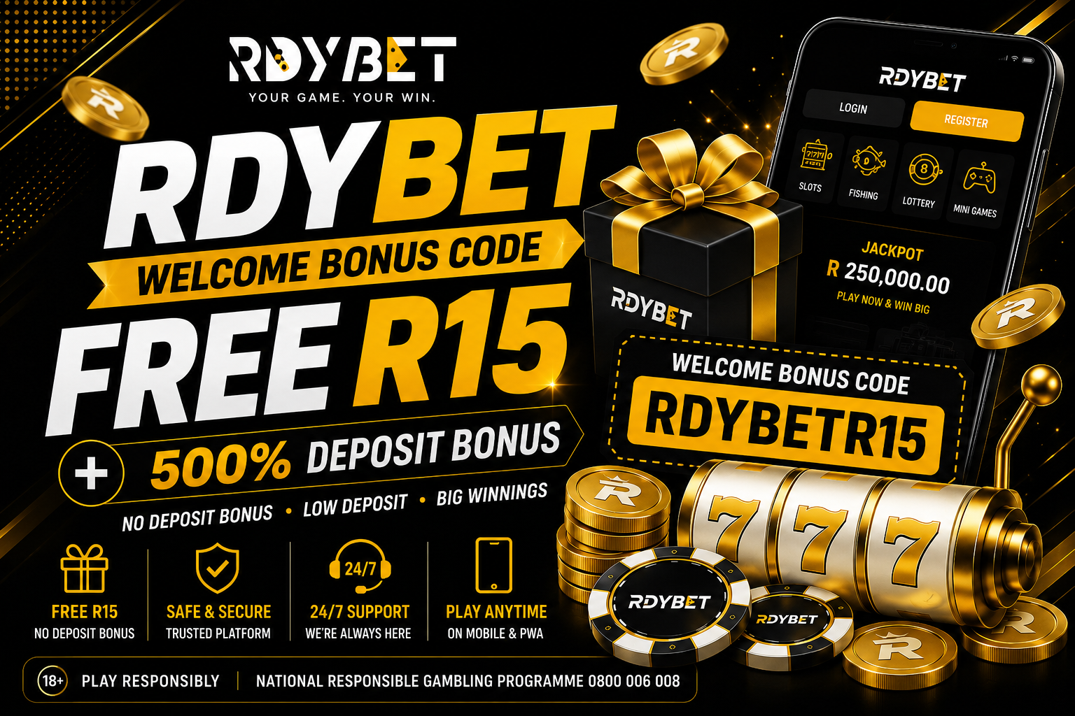 RDYBET welcome bonus code RDYBETR15 with FREE R15 and 500% deposit bonus